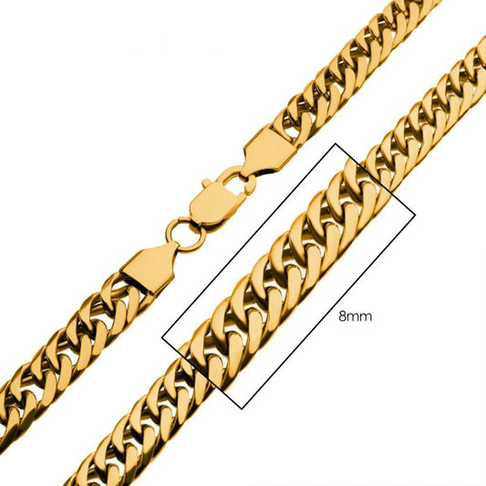 Close-up of an 8mm 18K gold plated men's stainless steel necklace from INOX with a lobster clasp. The chain showcases a flat, interlocking design and has a width of 8mm, as highlighted by a labeled rectangular measurement graphic superimposed on part of the dome curb chain.