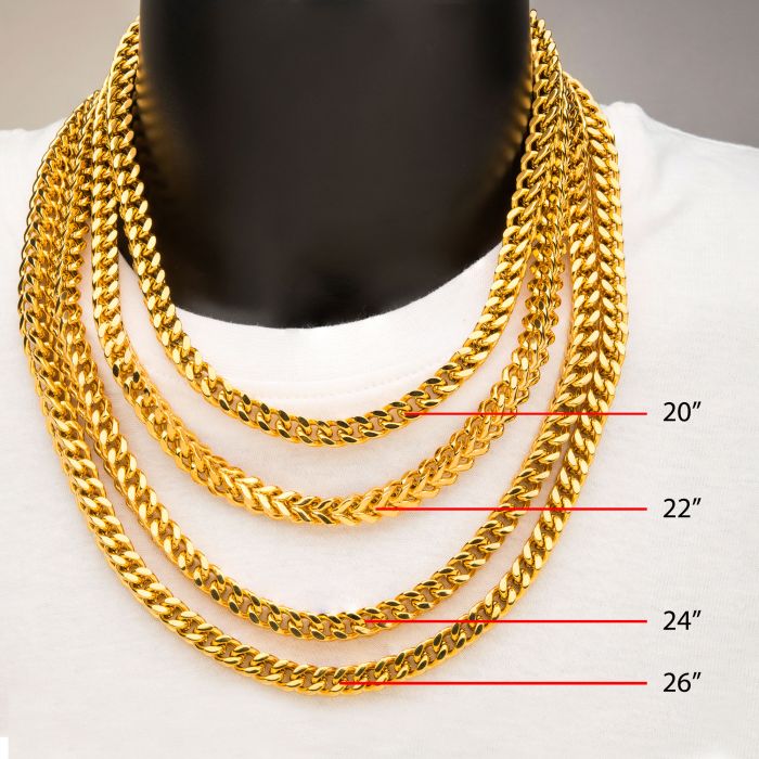 A black mannequin is displayed wearing four men's INOX 6mm 18K Gold Plated Franco Chains, each made of stainless steel and varying in lengths: 20 inches, 22 inches, 24 inches, and 26 inches. Each chain is labeled accordingly to indicate the different lengths and are placed over a white top for clear contrast.