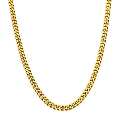 A close-up view of the 6mm 18K Gold Plated Diamond Cut Curb Chain by INOX, positioned on a white background. The gold-plated chain features interlocking, polished links that form a consistent pattern throughout its 24" length. The ends of the necklace are not visible in the image.