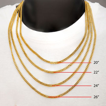 A close-up image of a necklace display mannequin showcases the 6mm 18K Gold Plated Diamond Cut Curb Chains by INOX in four different lengths: 20", 22", 24", and 26". Each chain is labeled with its respective length in red text. The gold-plated chains stand out against the mannequin dressed in a white shirt.