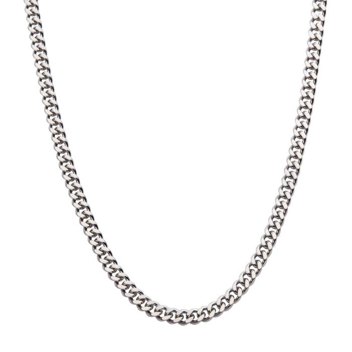 The INOX 8mm Diamond Cut Curb Chain Necklace is a men's stainless steel piece with a classic curb link design, presented against a plain white background. This 24" chain showcases tightly interlocking, slightly curved links that produce a sleek, uniform appearance with an exquisite diamond cut curb chain finish.