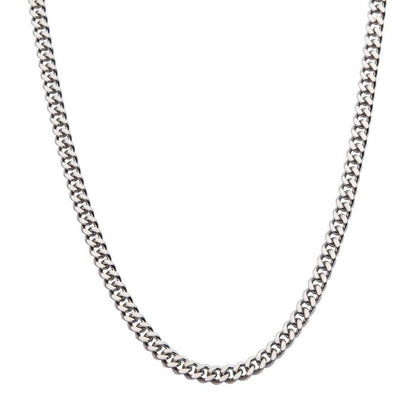 The INOX 8mm Diamond Cut Curb Chain Necklace is a men's stainless steel piece with a classic curb link design, presented against a plain white background. This 24" chain showcases tightly interlocking, slightly curved links that produce a sleek, uniform appearance with an exquisite diamond cut curb chain finish.