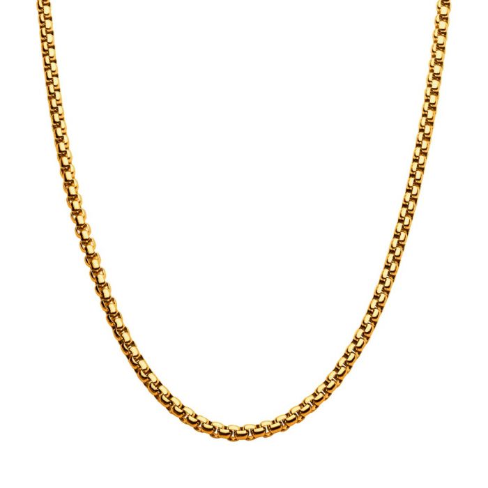 A close-up view of the 4mm 18K Gold Plated Bold Box Chain Necklace by INOX, measuring 20 inches, against a white background. This men's stainless steel necklace features a polished, uniform look with interlocking links, giving it a simple and elegant design.