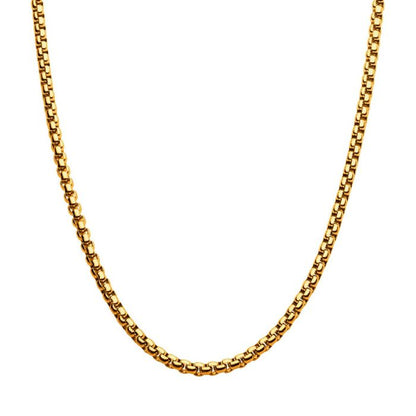 A close-up view of the 4mm 18K Gold Plated Bold Box Chain Necklace by INOX, measuring 20 inches, against a white background. This men's stainless steel necklace features a polished, uniform look with interlocking links, giving it a simple and elegant design.