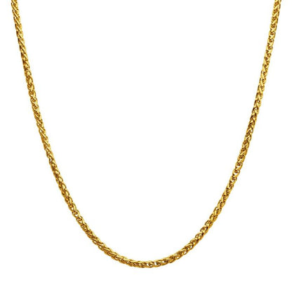 The INOX 4mm 18K Gold Plated Wheat Chain Necklace, measuring 20 inches in length, features a delicate wheat chain with a subtle twist design. The well-lit display against a white background highlights its intricate and elegant pattern.