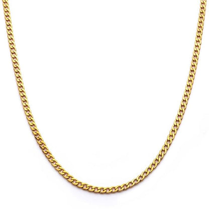 The 4mm 18K Gold Plated Classic Curb Chain from INOX is a timeless piece with a simple, elegant design. This 24-inch chain features evenly spaced, interlocking links that give it a polished and refined appearance. Against a plain white background, the bright gold color of this men's stainless steel necklace truly stands out.