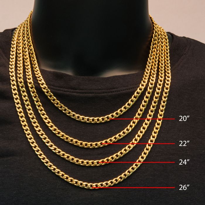 A display of four INOX 4mm 18K gold plated classic curb chains draped around a black mannequin bust, showcasing varying lengths. The chains are labeled in red font on the right, indicating their lengths: 20 inches, 22 inches, 24 inches, and 26 inches from top to bottom.