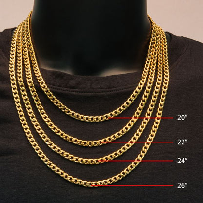 A display of four INOX 4mm 18K gold plated classic curb chains draped around a black mannequin bust, showcasing varying lengths. The chains are labeled in red font on the right, indicating their lengths: 20 inches, 22 inches, 24 inches, and 26 inches from top to bottom.