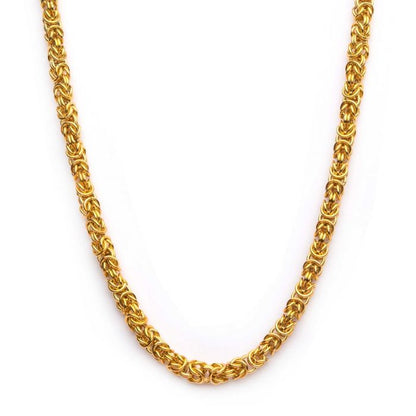 A close-up image of an INOX 6mm 18K Gold Plated King Byzantine Chain, measuring 20 inches in length, with intricate, interwoven links displayed against a white background. The chain is symmetrical and elegant, showcasing its detailed craftsmanship.