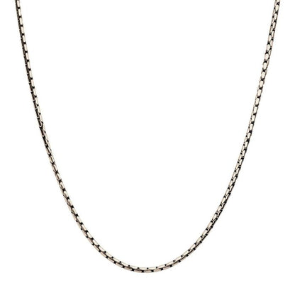 A close-up image of the simple and elegant 3mm Steel Boston Link Chain by INOX, featuring a sleek, stainless steel design. The 24" necklace is displayed on a plain, white background, highlighting its minimalistic and refined style.