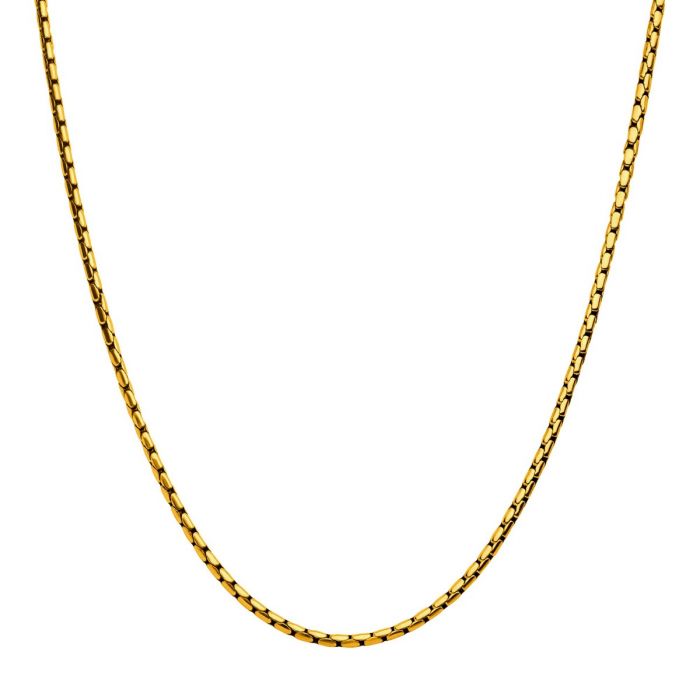 A close-up image of the 3mm 18K Gold Plated Boston Link Chain Necklace by INOX, showcasing its simple, elegant design. The thin, gold-plated chain features a smooth texture and uniformly patterned links. Set against a plain white background, the shine and intricate details of this 20-inch necklace are beautifully emphasized.