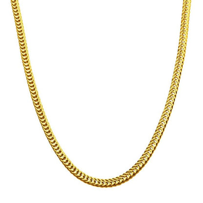 A 4mm foxtail chain necklace from INOX featuring an intricate herringbone design. The 18K gold plated, 20" chain is presented against a plain white background, showcasing its polished finish and detailed pattern.