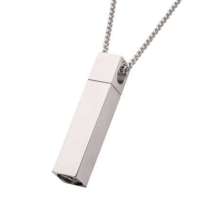 The Keepsake Urn Engravable Pendant with Chain by INOX features a sleek, metallic rectangular pendant suspended from a silver chain. Crafted from 925 sterling silver, this pendant boasts clean edges and a minimalist design. Ideal as a keepsake urn or as an engravable piece, the top section has a discreet hole for the chain to pass through.