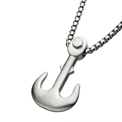 The Matte Steel Man of War Anchor Pendant with Steel Bold Box Chain by INOX features a men's pendant with a simplistic and polished anchor design, complete with a hexagonal bolt detail at the top where it attaches to the thick, 24-inch chain.