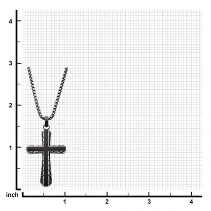 The Antique Gun Metal Sepulchre Genuine Ebony Wood Inlayed Cross Pendant on Chain by INOX is displayed against a grid background with measurements. The grid measures 4 inches by 4 inches, indicating that the cross pendant is approximately 1.5 inches in height and 0.75 inches in width.