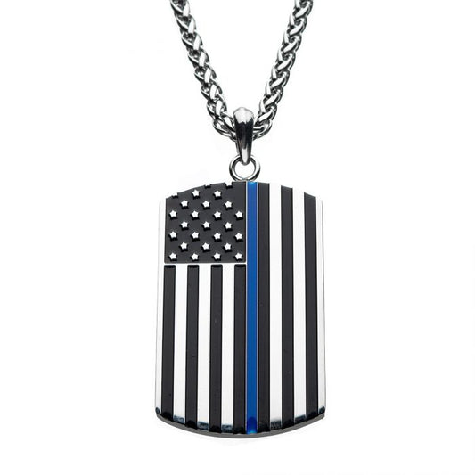 The INOX American Flag Police Officer Military Style Dog Tag Enamel Pendant with Chain features a silver dog tag necklace adorned with a thin blue line American flag design, hanging from a matching silver chain. The flag showcases black and white stripes with a single vertical blue stripe in the center, symbolizing support for law enforcement.