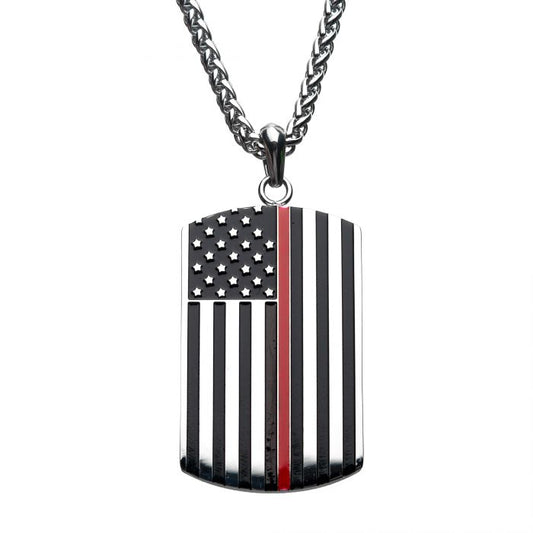 The Stainless Steel with Thin Red Line American Flag Firefighter Military necklace by INOX showcases a rectangular dog tag pendant featuring a black and white American flag with a distinct vertical red stripe, symbolizing the firefighter's dedication. The chain highlights a robust, interwoven design.