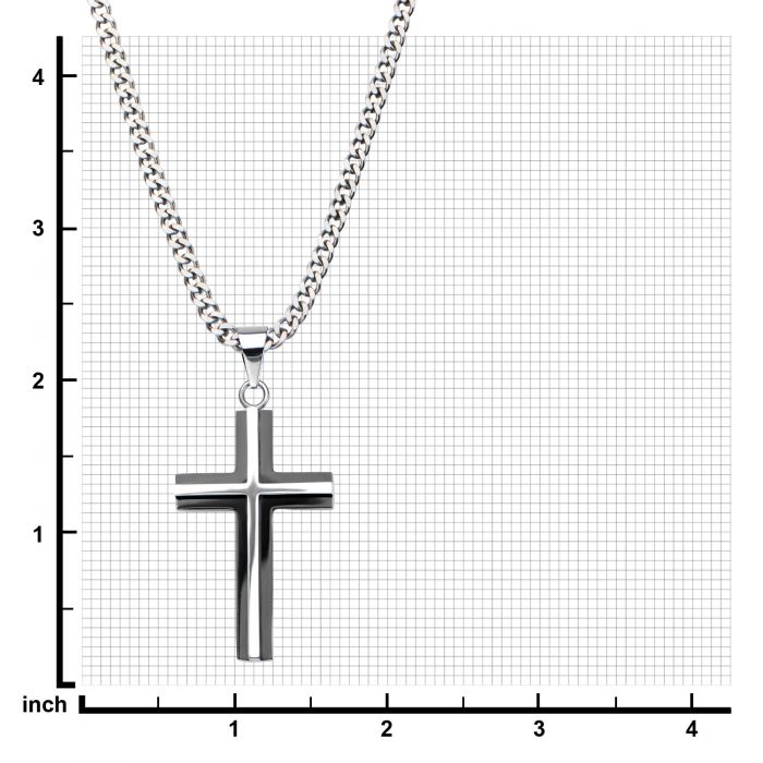 A sleek, Stainless Steel Black Plated & Steel 3D Cross Pendant with chain by INOX is displayed on a grid background. The grid has measurements in inches along both the x and y axes, with each square representing 0.5 inches. The men's INOX cross pendant measures approximately 1.5 inches tall.