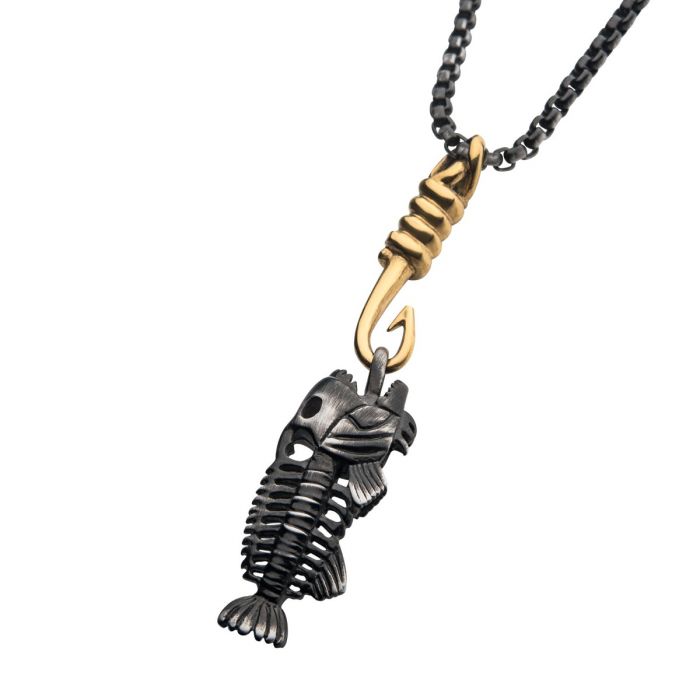 Introducing the Black Plated Fishbone Pendant on a Polished Gold-Plated Hook with Black Plated Box Chain by INOX—a unique and artistic men's necklace.