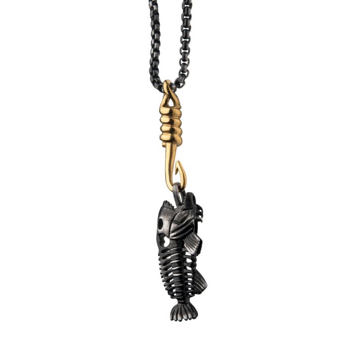 Introducing the Black Plated Fishbone Pendant on a Polished Gold-Plated Hook with Black Plated Box Chain by INOX. This men's necklace features an intricately detailed metal fish skeleton pendant, showcasing a head and ribcage design, all attached to a gold-plated fishing hook. The combination of finishes makes this piece both unique and striking.