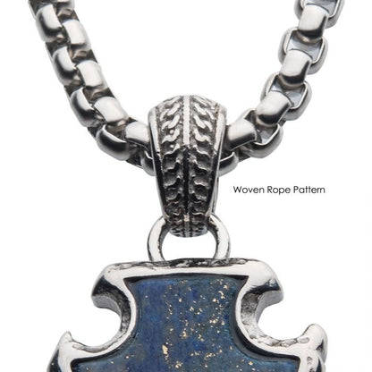 Close-up of an INOX 24-inch polished steel box chain necklace with a woven rope pattern. The men's Lapis Lazuli Stone with Polished Steel Frame Pendant features an ornate holder attached to a cross-shaped blue stone with specks of gold.