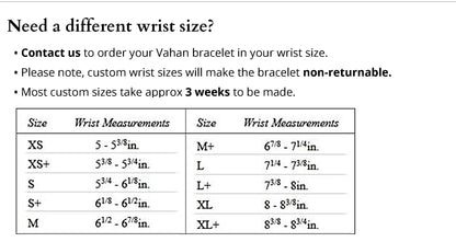 A sizing chart for the Essential Diamonds 8mm Vahan bracelet from Alwand Vahan Jewelry, available in 14k Yellow Gold and adorned with Genuine Diamonds. The chart includes sizes XS, XS+, S, S+, M, L, L+, XL, and XL+ with corresponding wrist measurements. Custom sizes can be requested by contacting the seller—please note that these are non-returnable and require approximately three weeks to create.
